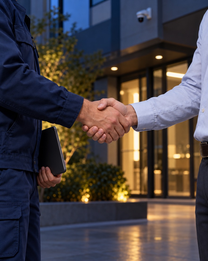 Aperto de mãos entre técnico e cliente na entrada de um edifício